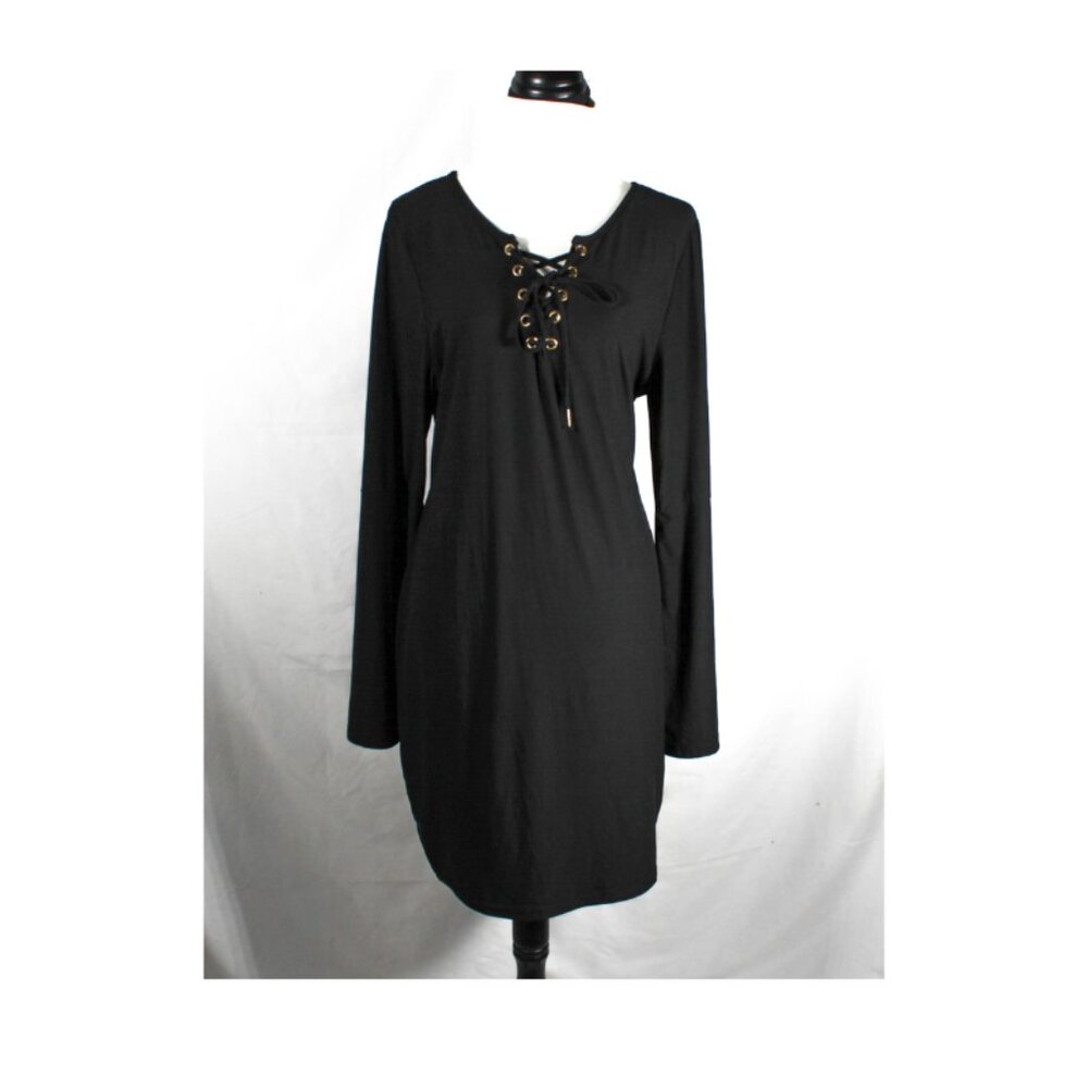 NWT Goth Witchy Plus Size 2X Black Bell Sleeve Corset Stitch Up Neckline Dress